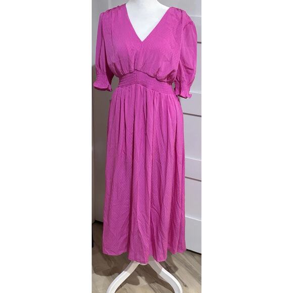 DKNY Fuschia Midi Dress With V Neck Short Sleeves Gathered Elastic Waist Size 12 - Picture 1 of 10
